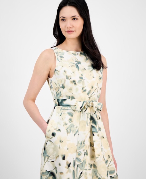 Women's Refined Linen Floral-Print Tie-Waist Sleeveless Dress