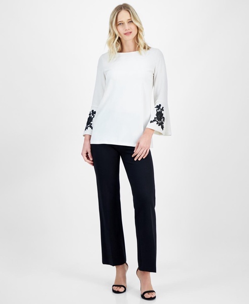 Women's Embroidered Bell-Sleeve Boat-Neck Tunic Top