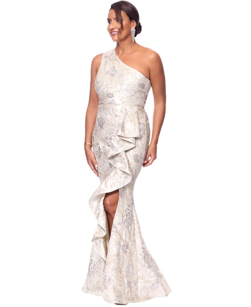 Women's Metallic Jacquard One-Shoulder Gown