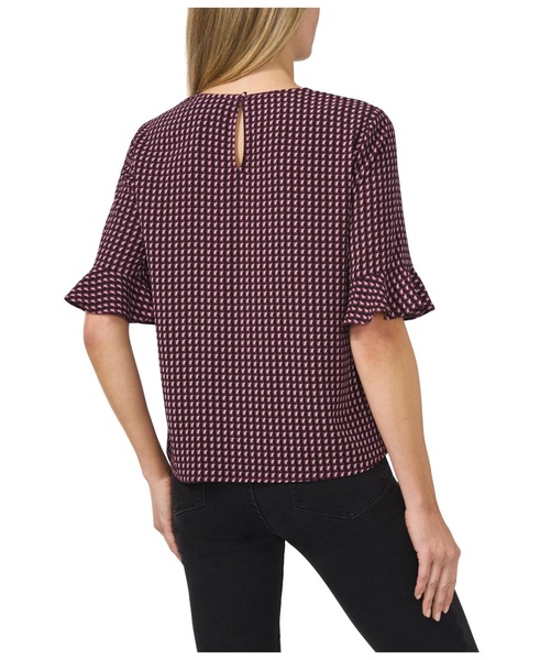 Women's Printed Crewneck 3/4-Sleeve Ruffled Cuff Blouse