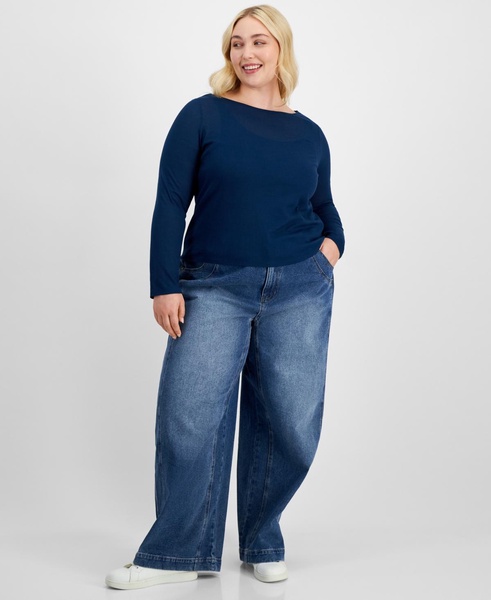 Trendy Plus Size Solid Boat-Neck Long-Sleeve Layered Top, Exclusively at Macy's