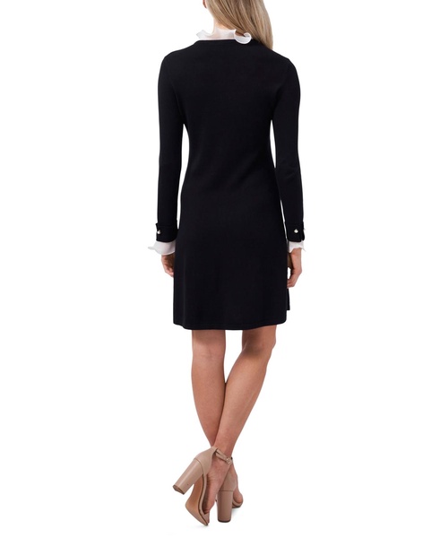 Women's Ruffle Collar & Sleeve Imitation Pearl Trim Sweater Dress
