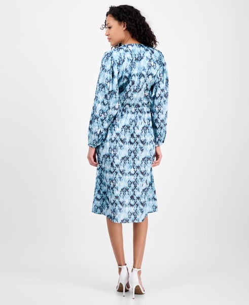 Women's Printed Blouson-Sleeve Midi Dress