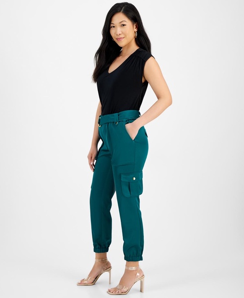 Women's High-Rise Belted Satin Cargo Pants, Regular & Petite, Created for Macy's 