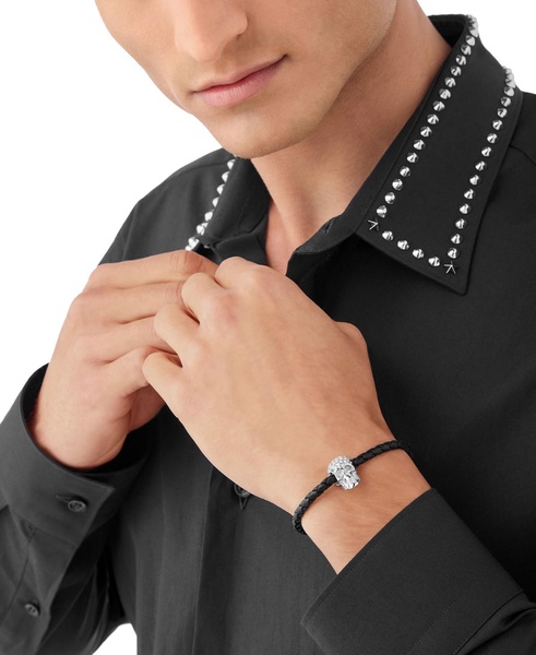 Men's Enigma Crystal Skull Black Leather Bracelet in Stainless Steel