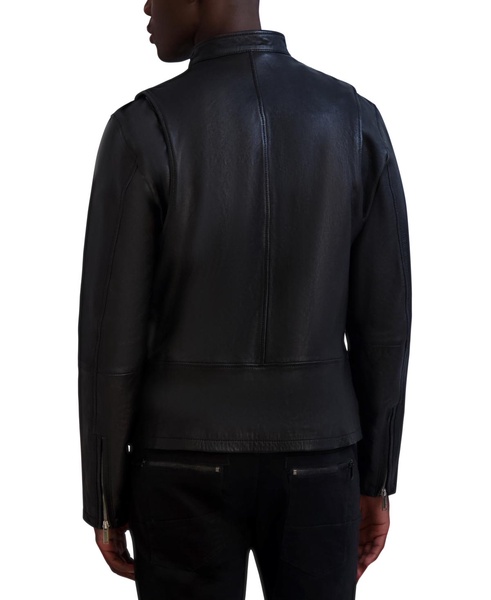 Men's Band-Collar Distressed Leather Jacket