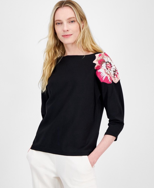 Women's Sequined-Shoulder 3/4-Sleeve Sweater