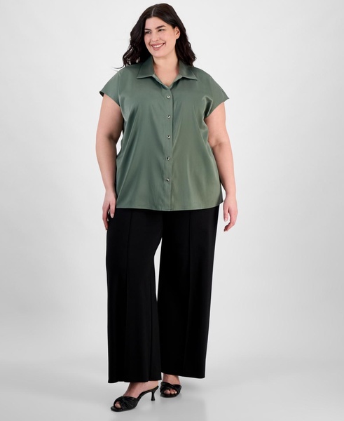 Plus Size Cap-Sleeve Satin Collared Blouse