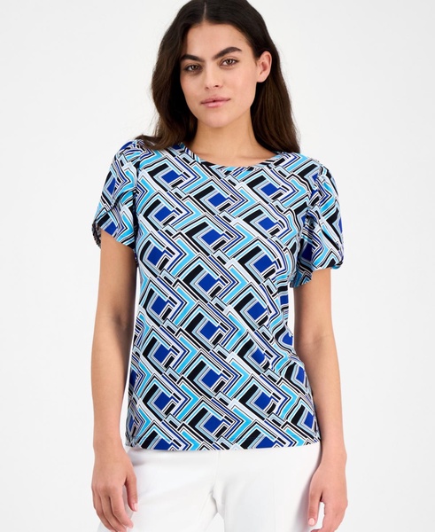 Petite Geo-Print Tulip-Sleeve Top