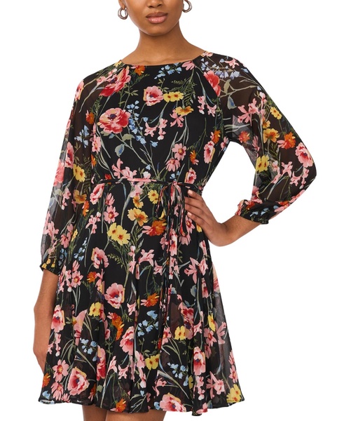 Women's Printed Tie-Waist Long-Sleeve Chiffon Dress