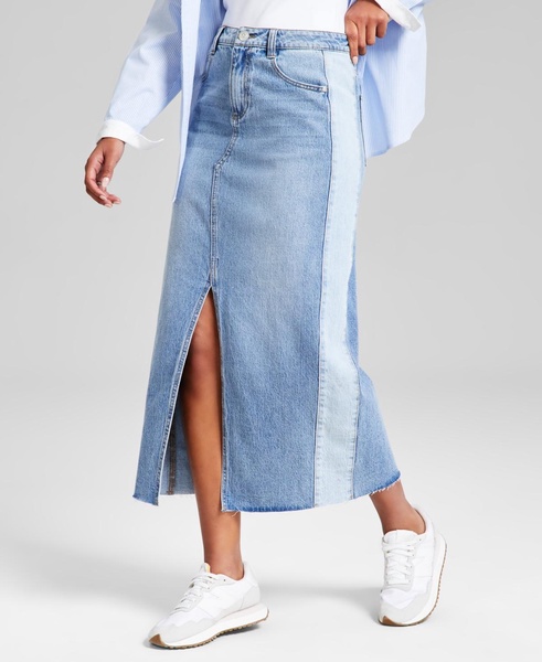 Women's Two-Tone Raw-Edge-Hem Denim Skirt, Exclusively at Macy's