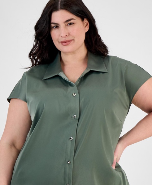 Plus Size Cap-Sleeve Satin Collared Blouse