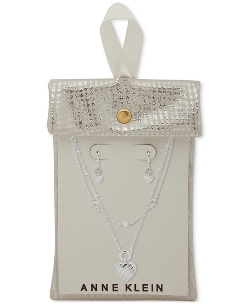 Silver-Tone 2-Pc. Set Textured Heart Layered Necklace & Matching Drop Earrings