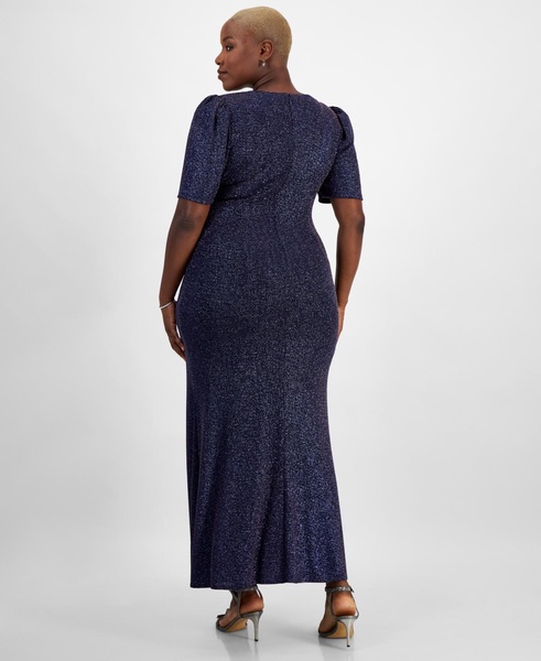Plus Size Metallic-Knit Surplice-Neck Gown