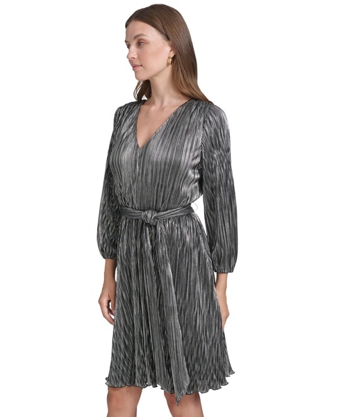 Women's Metallic-Stripe Tie-Waist V-Neck Dress