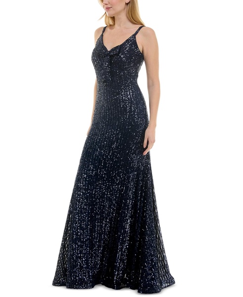 Women's Sequined Bow-Trim V-Neck Sleeveless Gown