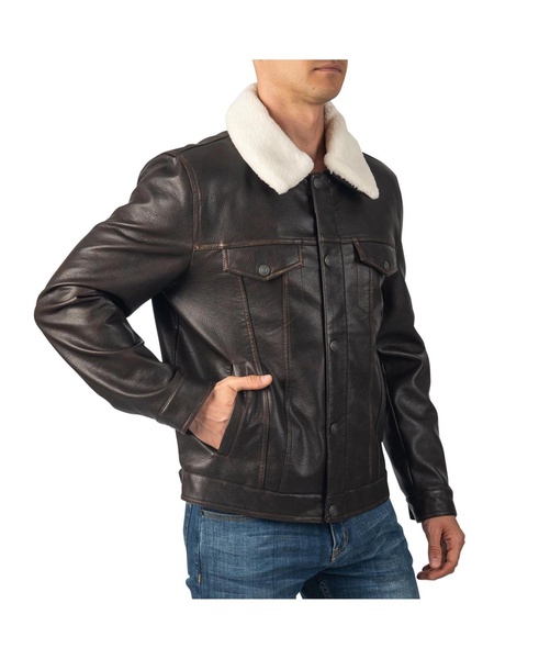 Aaron Mens Fitted Trucker Jacket Sherpa Collar Faux Leather Casual Coat