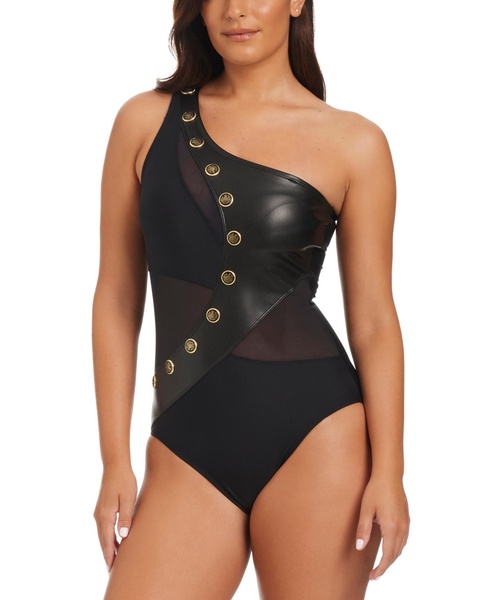 Women's Faux-Leather One-Shoulder One-Piece Swimsuit