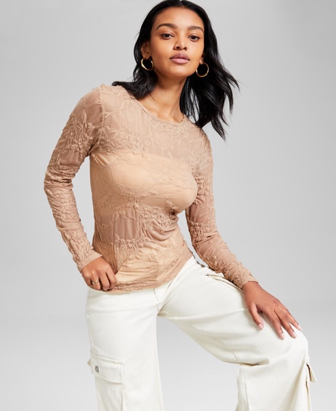 Women's Floral Crewneck Long-Sleeve Mesh Top, Exclusively at Macy's 