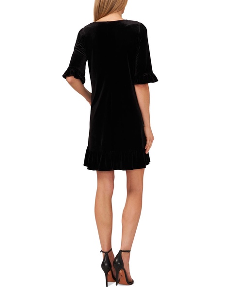 Women's Velvet 3/4-Sleeve Ruffle Trim Shift Dress