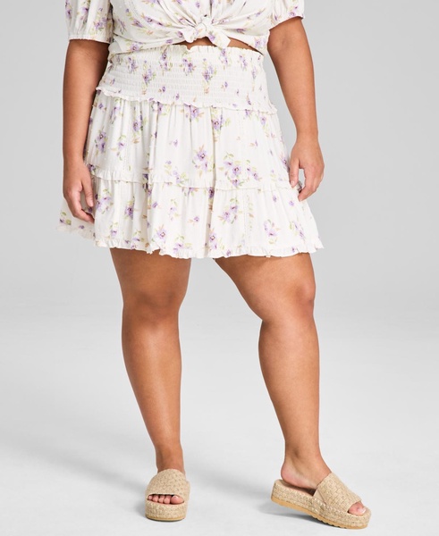 Plus Size Smocked-Waist Floral-Print Mini Skirt, Exclusively at Macy's