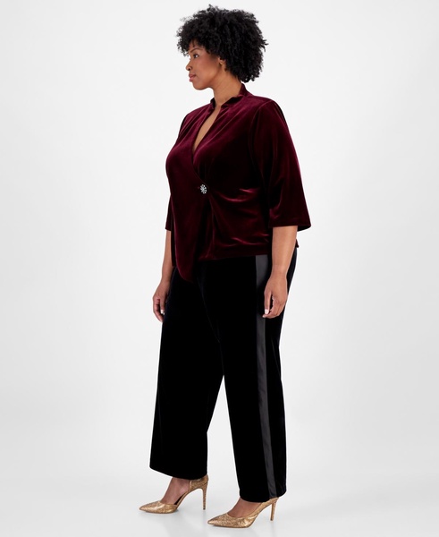 Plus Size Velvet Beaded-Button 3/4-Sleeve Top