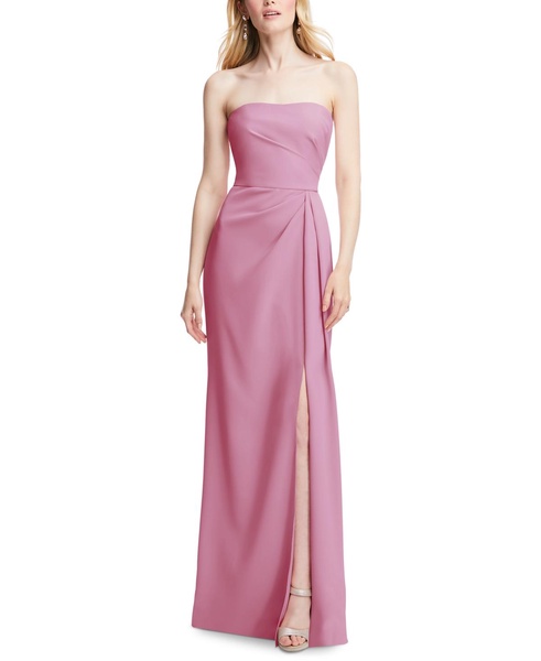 Women's Strapless Pleated Faux Wrap Trumpet Gown with Front Slit