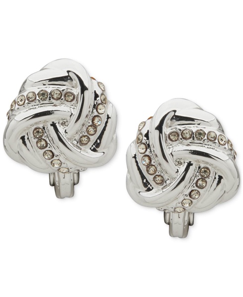 Silver-Tone Crystal Twisted Knot Button Clip Earrings