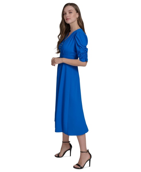 Women's V-Neck Shirred-Sleeve Flared Dress