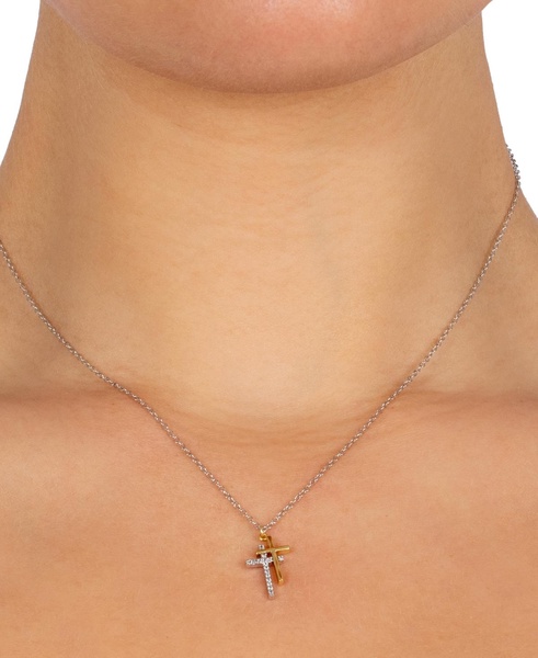 Cubic Zirconia Double Cross Pendant Necklace in Sterling Silver & Gold-Plate, 16" + 2" extender, Created for Macy's