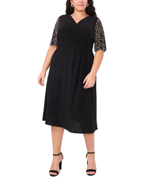 Plus Size Sheer-Sleeve Fit & Flare Dress