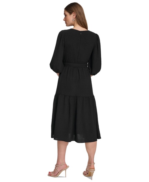 Women's Balloon-Sleeve Tie-Waist Tiered Dress