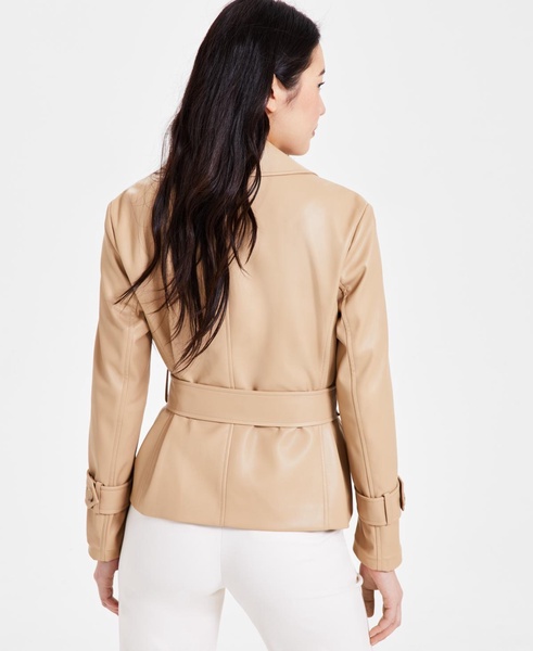 Women's Faux-Leather Belted Short Trench Jacket