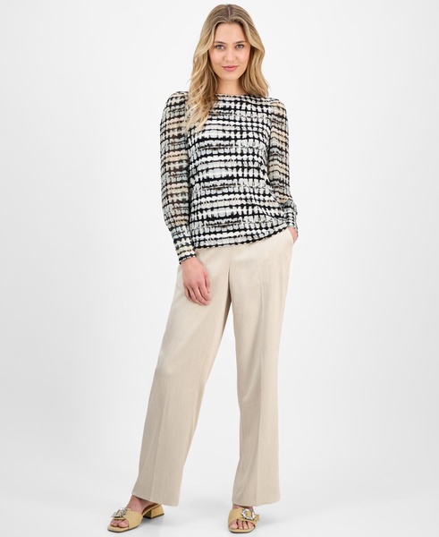 Women's Bishop-Sleeve Printed Bateau-Neck Top