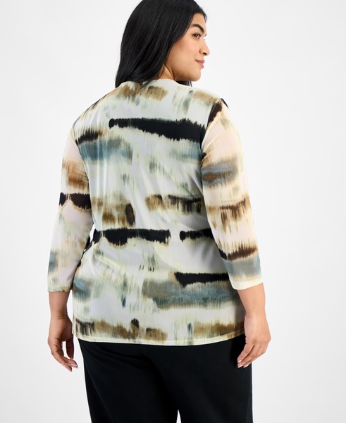 Plus Size 3/4-Sleeve Printed Mesh Top