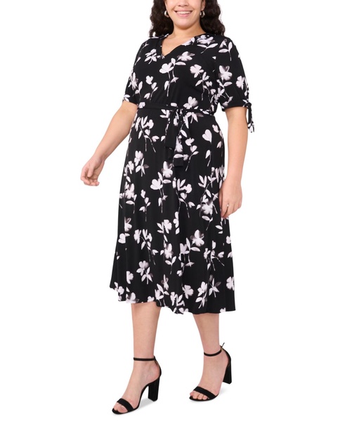 Plus Size Printed V-Neck Tie-Waist Midi Dress