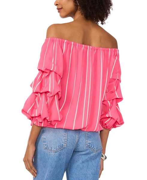 Women's Striped Off The Shoulder Bubble Sleeve Tie Front Blouse