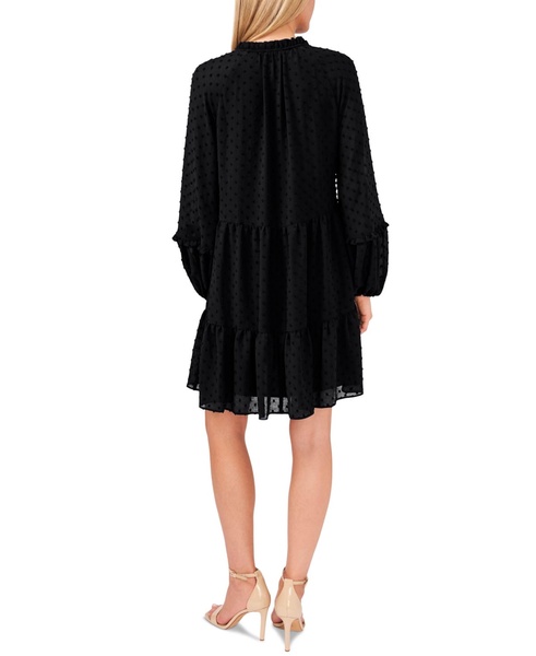 Women's Long Sleeve V-Neck Ruffled Clip-Dot Dress