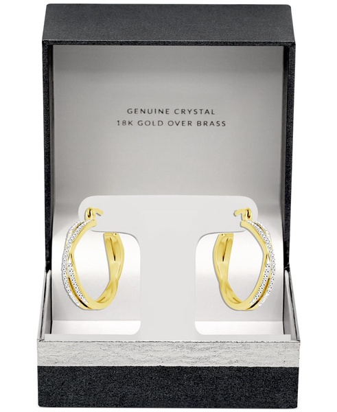 Crystal Small Crossover Hoop Earrings, 0.95" in Silver Plate or Gold Plate