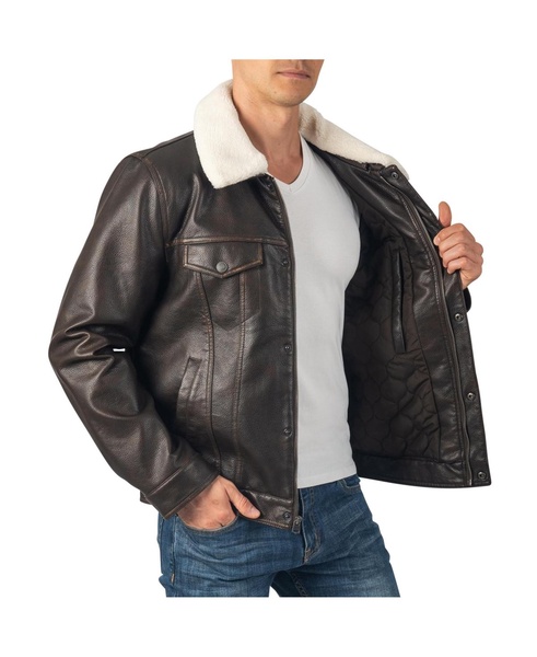 Aaron Mens Fitted Trucker Jacket Sherpa Collar Faux Leather Casual Coat