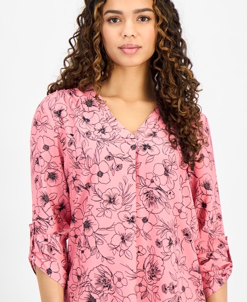 Petite Printed V-Neck Roll-Tab-Sleeve Top