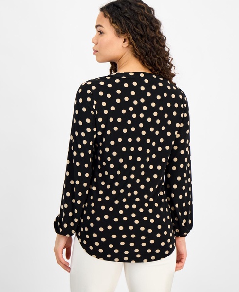 Petite Printed Split-Neck Long-Sleeve Top