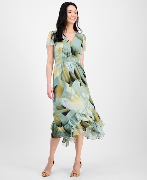 Women's Floral-Print Smocked-Waist Tulip-Sleeve Dress