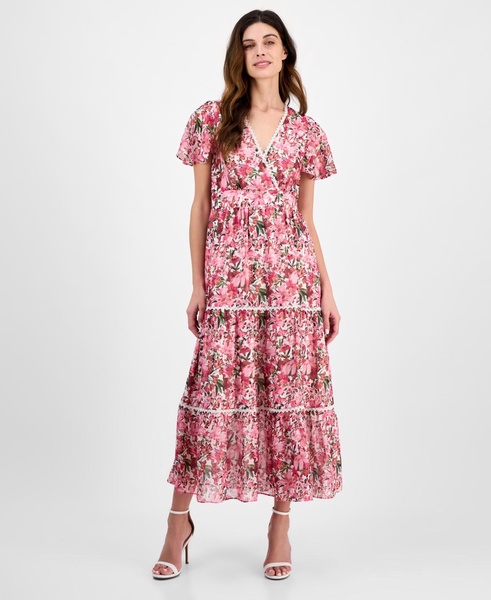 Women's Printed Surplice-Neck Flutter-Sleeve Dress