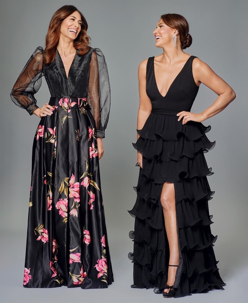 Women's Organza-Sleeve Floral Belted Gown