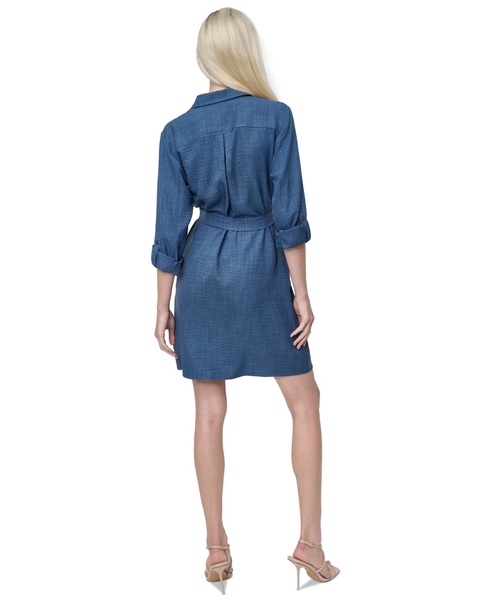 Women's Button-Front Belted Long-Sleeve Dress