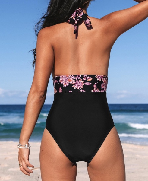 Women's Retro Boho Plunging Halterneck Tummy Control One-Piece