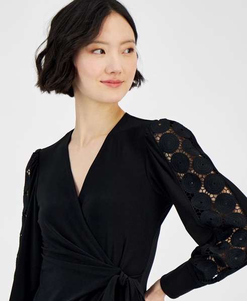 Women's Faux-Wrap Blouson-Sleeve Blouse 