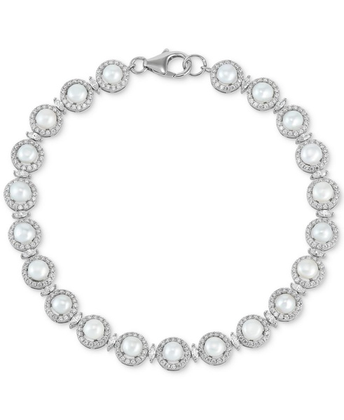 Cultured Freshwater Button Pearl (4 - 4-1/2mm) & Cubic Zirconia Link Bracelet in Sterling Silver