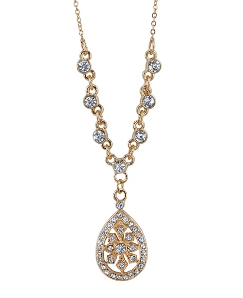 Gold-Tone Crystal Filigree Teardrop Necklace 16" Adjustable
